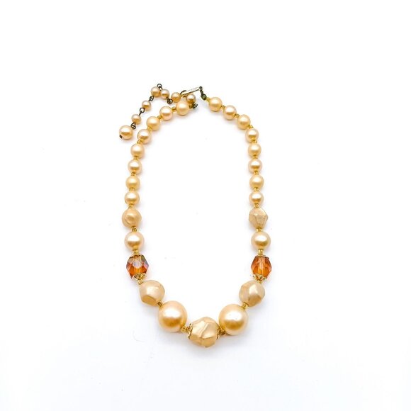 Baroque Faux Pearl Choker Necklace, Vintage Lustrous Beads with Topaz Crystals - Picture 2 of 3